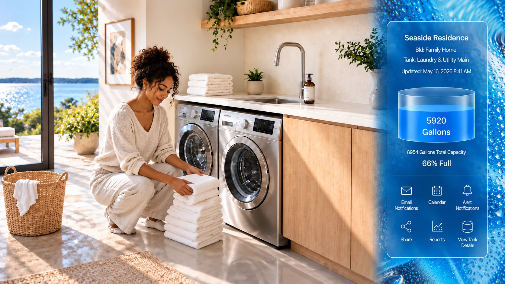 Woman handling laundry in a bright coastal laundry room