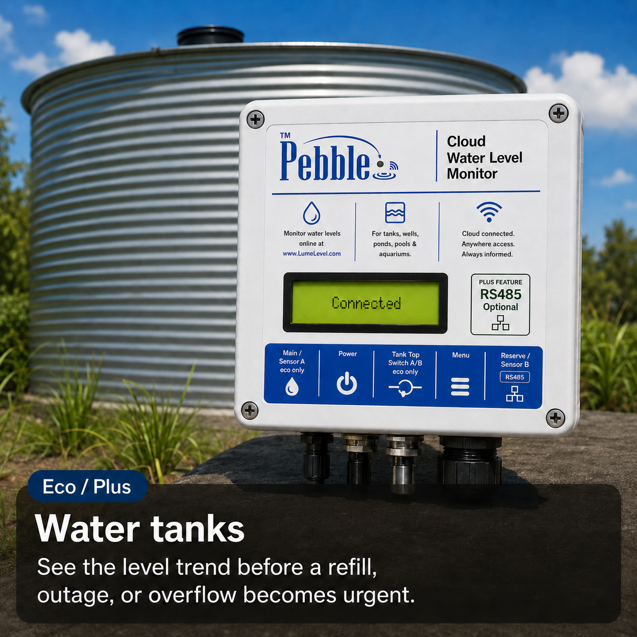 Pebble water tank monitoring beside an outdoor water storage tank