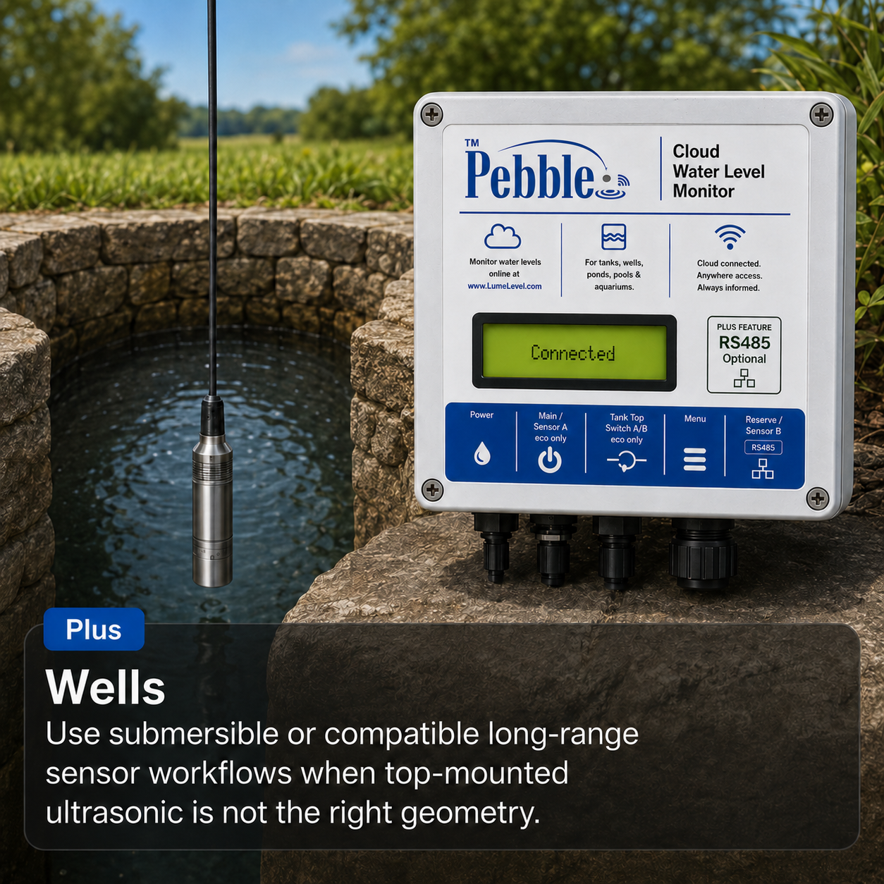 Pebble well monitoring with a submersible sensor